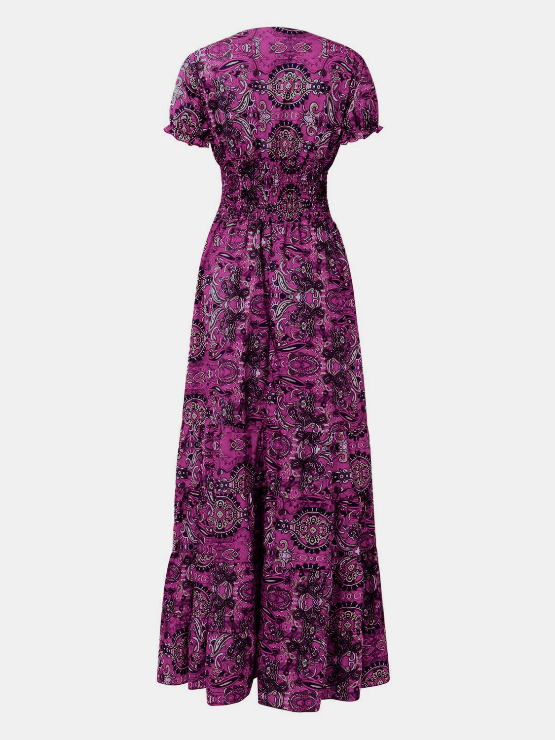 Full Size Smocked Printed V-Neck Short Sleeve Dress Full Size Smocked Printed V-Neck Short Sleeve Dress